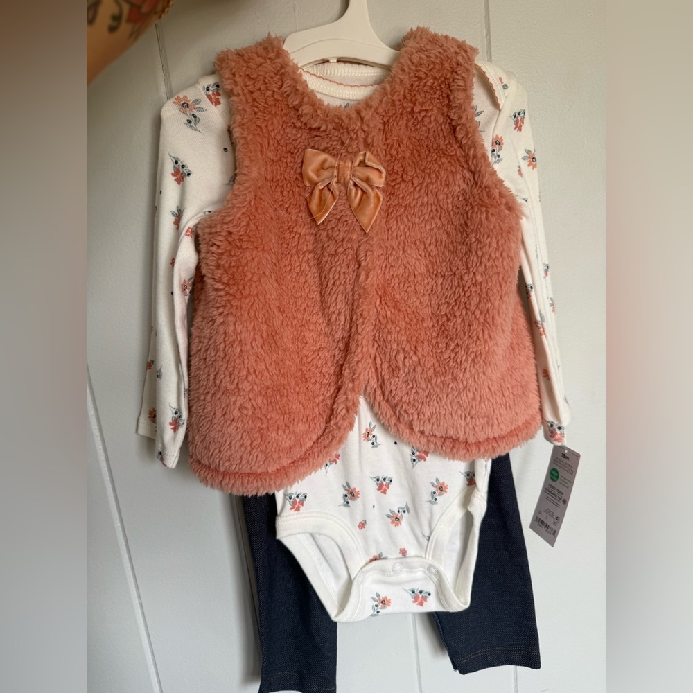 Plush Bow Vest & Floral Bodysuit Set - Dusty Rose